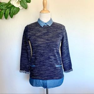 Ann Taylor Tweed Layered Pullover Navy Blouse XS